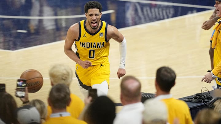 Jun 11, 2025; Indianapolis, Indiana, USA; Indiana Pacers guard Tyrese Haliburton (0) reacts after a play against the Oklahoma City Thunder during the second half during game three of the 2025 NBA Finals at Gainbridge Fieldhouse. Mandatory Credit: Kyle Terada-Imagn Images Jun 11, 2025; Indianapolis, Indiana, USA; Indiana Pacers guard Tyrese Haliburton (0) reacts after a play against the Oklahoma City Thunder during the second half during game three of the 2025 NBA Finals at Gainbridge Fieldhouse. Mandatory Credit: Kyle Terada-Imagn Images