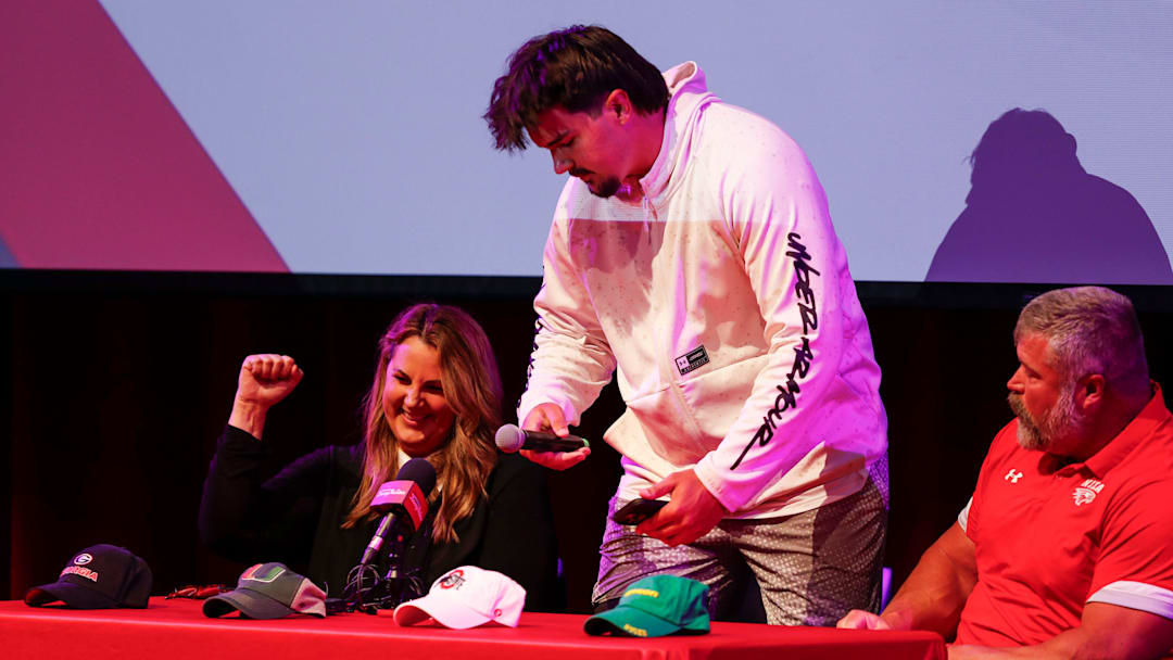 Nixa High School offensive tackle Jackson Cantwell, the No. 1 ranked high school football recruit for the class of 2026, takes the stage before announcing he will attend Miami to play football during a ceremony on Tuesday, May 13, 2025.