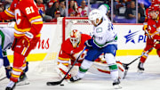 Sep 28, 2024; Calgary, Alberta, CAN; Calgary Flames goaltender Devin Cooley (1) guards his net against Vancouver Canucks left wing Nils Hoglander (21) during the third period at Scotiabank Saddledome. Mandatory Credit: Sergei Belski-Imagn Images