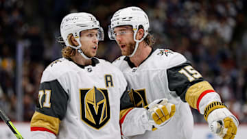 Nov 27, 2024; Denver, Colorado, USA; Vegas Golden Knights center William Karlsson (71) and defenseman Noah Hanifin (15) in the third period against the Colorado Avalanche at Ball Arena. Mandatory Credit: Isaiah J. Downing-Imagn Images
