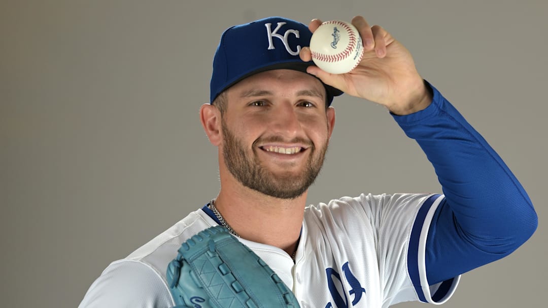 Feb 19, 2025; Surprise, AZ, USA; Kansas City Royals starting pitcher Noah Cameron (65) poses for a photo during media day at Camelback Ranch. Mandatory Credit: Jayne Kamin-Oncea-Imagn Images  