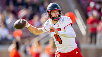 Nov 16, 2024; Stanford, California, USA; Louisville Cardinals quarterback Tyler Shough (9) throws a pass during the first quarter against the Stanford Cardinal at Stanford Stadium. Mandatory Credit: Bob Kupbens-Imagn Images