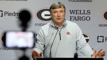 Georgia coach Kirby Smart speaks to the media on the first day of spring practice in Athens, Ga., on Tuesday, March 11, 2025.