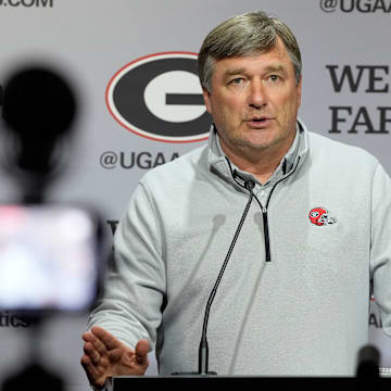 Georgia coach Kirby Smart speaks to the media on the first day of spring practice in Athens, Ga., on Tuesday, March 11, 2025.