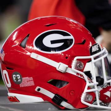 Jan 9, 2023; Inglewood, CA, USA; Detailed view of a Georgia Bulldogs helmet during the CFP national championship game at SoFi Stadium. Mandatory Credit: Mark J. Rebilas-USA TODAY Sports