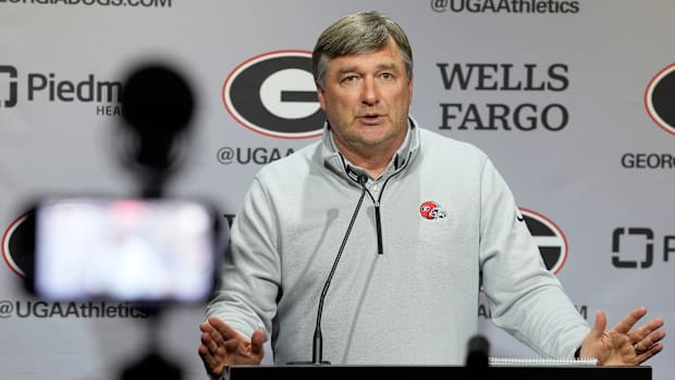 Georgia coach Kirby Smart speaks to the media on the first day of spring practice in Athens, Ga., on Tuesday, March 11, 2025.