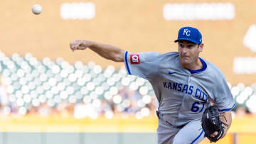 Aug 1, 2024; Detroit, Michigan, USA; Kansas City Royals starting pitcher Seth Lugo (67) delivers a pitch in the first inning against the Detroit Tigers at Comerica Park.