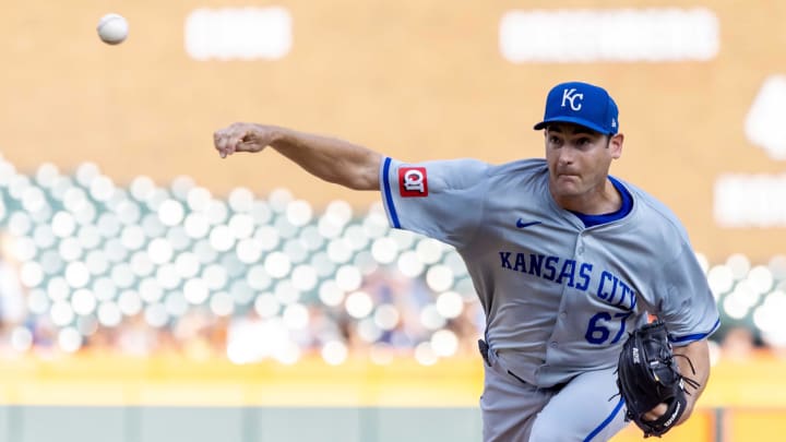 Aug 1, 2024; Detroit, Michigan, USA; Kansas City Royals starting pitcher Seth Lugo (67) delivers a pitch in the first inning against the Detroit Tigers at Comerica Park.