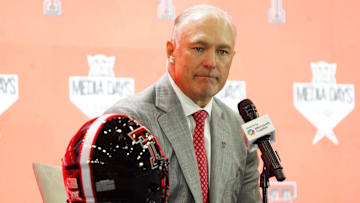 Jul 8, 2025; Frisco, TX, USA; Texas Tech head coach Joey McGuire addresses the media during 2025 Big 12 Football Media Days at The Star. Mandatory Credit: Raymond Carlin III-Imagn Images