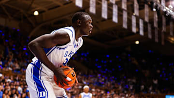 Oct 4, 2024; Durham, NC, USA; Duke Blue Devils center Khaman Maluach (9) looks on with the ball during Countdown to Craziness at Cameron Indoor Stadium. Mandatory Credit: Jaylynn Nash-Imagn Images