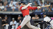Aug 22, 2025; Bronx, New York, USA; Boston Red Sox third baseman Alex Bregman (2) hits a single against the New York Yankees during the first inning at Yankee Stadium. Mandatory Credit: Gregory Fisher-Imagn Images