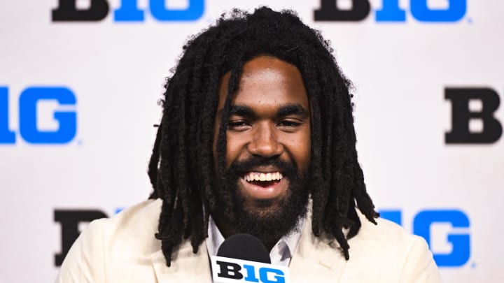 Jul 25, 2024; Indianapolis, IN, USA; Michigan Wolverines running back Donovan Edwards speaks to the media during the Big 10 football media day at Lucas Oil Stadium.