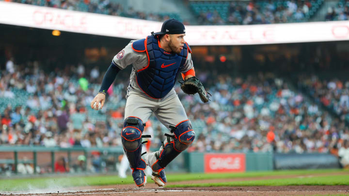 Jun 11, 2024; San Francisco, California, USA; Houston Astros catcher Victor Caratini (17) during the game against the San Francisco Giants at Oracle Park