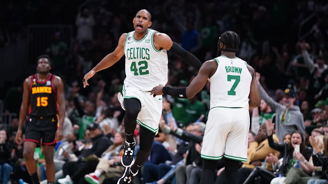 Apr 18, 2023; Boston, Massachusetts, USA; Boston Celtics center Al Horford (42) reacts after his three point basket against the Atlanta Hawks in the third quarter during game two of the 2023 NBA playoffs at TD Garden. Mandatory Credit: David Butler II-Imagn Images