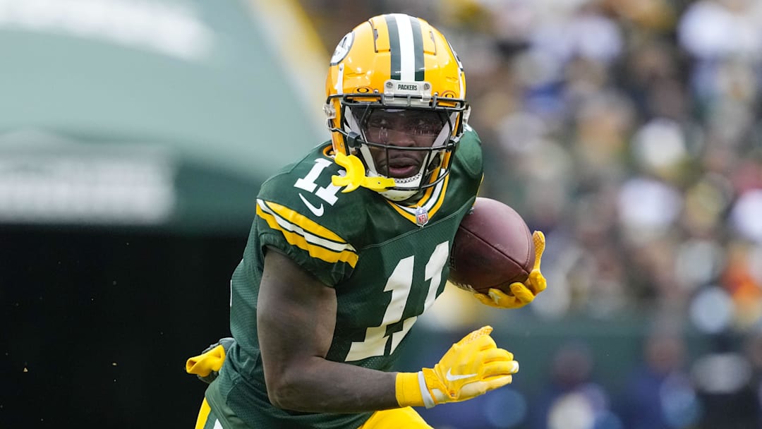 Jan 5, 2025; Green Bay, Wisconsin, USA;  Green Bay Packers wide receiver Jayden Reed (11) during the game against the Chicago Bears at Lambeau Field. Mandatory Credit: Jeff Hanisch-Imagn Images