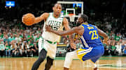 Jun 16, 2022; Boston, Massachusetts, USA; Boston Celtics center Al Horford (42) drives to the basket against Golden State Warriors forward Draymond Green (23) during the fourth quarter in game six of the 2022 NBA Finals at TD Garden. Mandatory Credit: Kyle Terada-Imagn Images