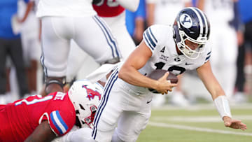 Jake Retzlaff falls as the pocket collapses against SMU.