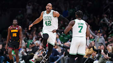 Apr 18, 2023; Boston, Massachusetts, USA; Boston Celtics center Al Horford (42) reacts after his three point basket against the Atlanta Hawks in the third quarter during game two of the 2023 NBA playoffs at TD Garden. Mandatory Credit: David Butler II-Imagn Images