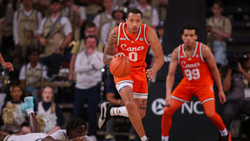 Mar 4, 2025; Atlanta, Georgia, USA; Miami Hurricanes guard Matthew Cleveland (0) dribbles against the Georgia Tech Yellow Jackets in the first half at McCamish Pavilion. Mandatory Credit: Brett Davis-Imagn Images
