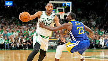 Jun 16, 2022; Boston, Massachusetts, USA; Boston Celtics center Al Horford (42) drives to the basket against Golden State Warriors forward Draymond Green (23) during the fourth quarter in game six of the 2022 NBA Finals at TD Garden. Mandatory Credit: Kyle Terada-Imagn Images