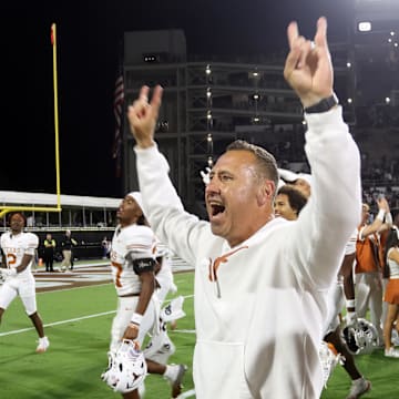 Oct 25, 2025; Starkville, Mississippi, USA; Texas Longhorns head coach Steve Sarkisian reacts after beating the Mississippi State Bulldogs in overtime at Davis Wade Stadium at Scott Field. Mandatory Credit: Petre Thomas-Imagn Images