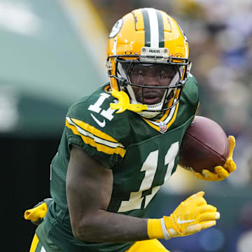 Jan 5, 2025; Green Bay, Wisconsin, USA;  Green Bay Packers wide receiver Jayden Reed (11) during the game against the Chicago Bears at Lambeau Field. Mandatory Credit: Jeff Hanisch-Imagn Images