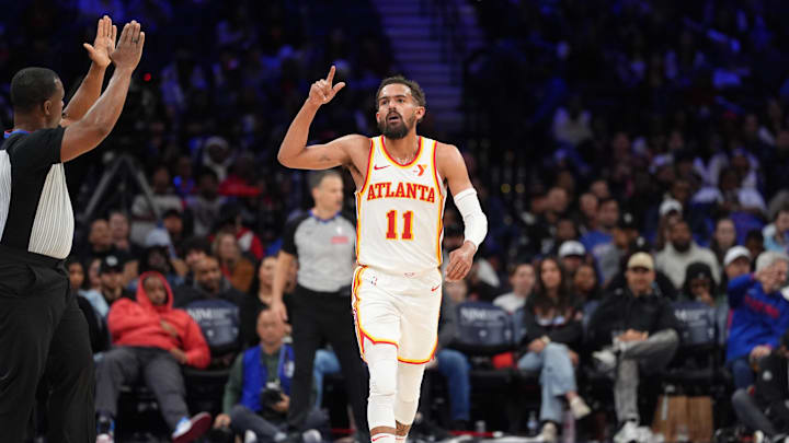 Atlanta Hawks guard Trae Young reacts after scoring against the Philadelphia 76ers in the fourth quarter at Wells Fargo Center.