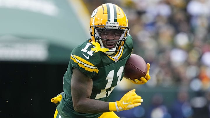 Jan 5, 2025; Green Bay, Wisconsin, USA;  Green Bay Packers wide receiver Jayden Reed (11) during the game against the Chicago Bears at Lambeau Field. Mandatory Credit: Jeff Hanisch-Imagn Images