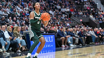 Oct 28, 2025; Hartford, CT, USA; Michigan State Spartans guard Trey Fort (9) looks to shoot the ball against Connecticut Huskies during the second half at PeoplesBank Arena. Mandatory Credit: Mark Smith-Imagn Images