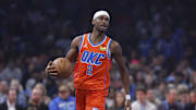 Nov 26, 2025; Oklahoma City, Oklahoma, USA; Oklahoma City Thunder guard Shai Gilgeous-Alexander (2) dribbles down the court against the Minnesota Timberwolves during the first quarter at Paycom Center. Mandatory Credit: Alonzo Adams-Imagn Images