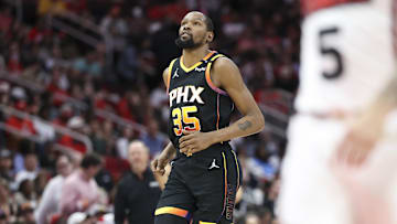 Mar 12, 2025; Houston, Texas, USA; Phoenix Suns forward Kevin Durant (35) reacts after a play during the first half against the Houston Rockets at Toyota Center. Mandatory Credit: Troy Taormina-Imagn Images