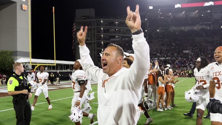 Oct 25, 2025; Starkville, Mississippi, USA; Texas Longhorns head coach Steve Sarkisian reacts after beating the Mississippi State Bulldogs in overtime at Davis Wade Stadium at Scott Field. Mandatory Credit: Petre Thomas-Imagn Images