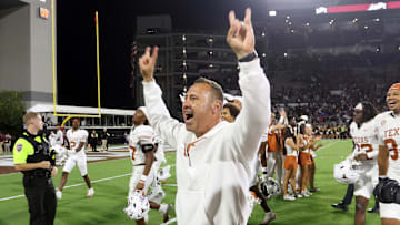Oct 25, 2025; Starkville, Mississippi, USA; Texas Longhorns head coach Steve Sarkisian reacts after beating the Mississippi State Bulldogs in overtime at Davis Wade Stadium at Scott Field. Mandatory Credit: Petre Thomas-Imagn Images