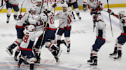 Apr 6, 2025; Elmont, New York, USA;  Washington Capitals left wing Alex Ovechkin (8) celebrates after scoring in the during the second period against the New York Islanders at UBS Arena. Ovechkin scored the 895th goal of his career, breaking the NHL all-time career goals record previously held by Wayne Gretzky at UBS Arena. Mandatory Credit: Geoff Burke-Imagn Images
