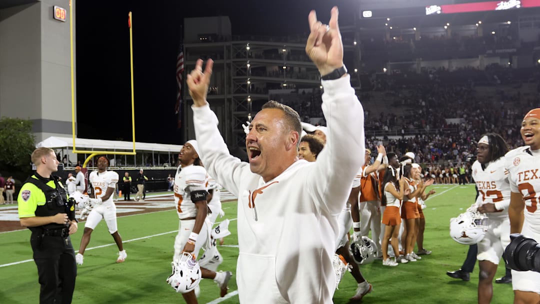 Oct 25, 2025; Starkville, Mississippi, USA; Texas Longhorns head coach Steve Sarkisian reacts after beating the Mississippi State Bulldogs in overtime at Davis Wade Stadium at Scott Field. Mandatory Credit: Petre Thomas-Imagn Images