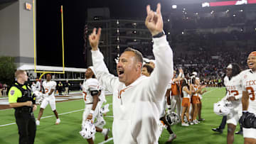 Oct 25, 2025; Starkville, Mississippi, USA; Texas Longhorns head coach Steve Sarkisian reacts after beating the Mississippi State Bulldogs in overtime at Davis Wade Stadium at Scott Field. Mandatory Credit: Petre Thomas-Imagn Images