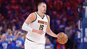 May 18, 2025; Oklahoma City, Oklahoma, USA; Denver Nuggets center Nikola Jokic (15) dribbles down the court against the Oklahoma City Thunder in the second quarter during game seven of the second round for the 2025 NBA Playoffs at Paycom Center.