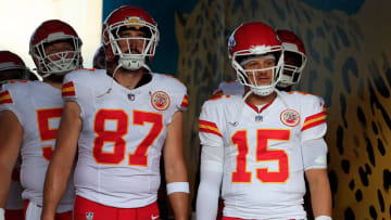 Kansas City Chiefs quarterback Patrick Mahomes (15) looks on next to tight end Travis Kelce (87) before a preseason NFL football game Saturday, Aug. 10, 2024 at EverBank Stadium in Jacksonville, Fla. The Jacksonville Jaguars defeated the Kansas City Chiefs 26-13. [Corey Perrine/Florida Times-Union]