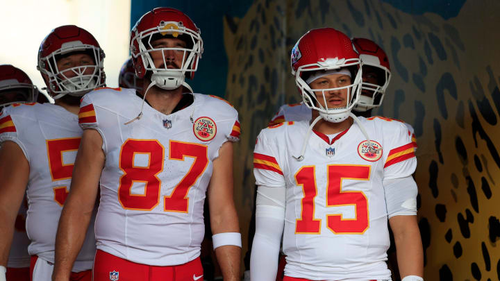 Kansas City Chiefs quarterback Patrick Mahomes (15) looks on next to tight end Travis Kelce (87) before a preseason NFL football game Saturday, Aug. 10, 2024 at EverBank Stadium in Jacksonville, Fla. The Jacksonville Jaguars defeated the Kansas City Chiefs 26-13. [Corey Perrine/Florida Times-Union]