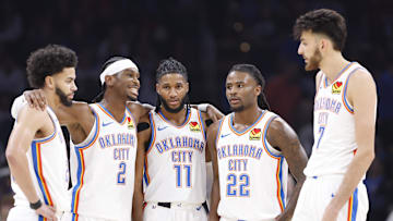 Oct 27, 2024; Oklahoma City, Oklahoma, USA; Oklahoma City Thunder players gather during a time out against the Atlanta Hawks during the second quarter at Paycom Center. Mandatory Credit: Alonzo Adams-Imagn Images