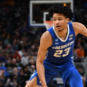 Mar 29, 2024; Detroit, MN, USA; Creighton Bluejays guard Trey Alexander (23) plays the ball in the first half against the Tennessee Volunteers during the NCAA Tournament Midwest Regional at Little Caesars Arena. Mandatory Credit: Lon Horwedel-USA TODAY Sports
