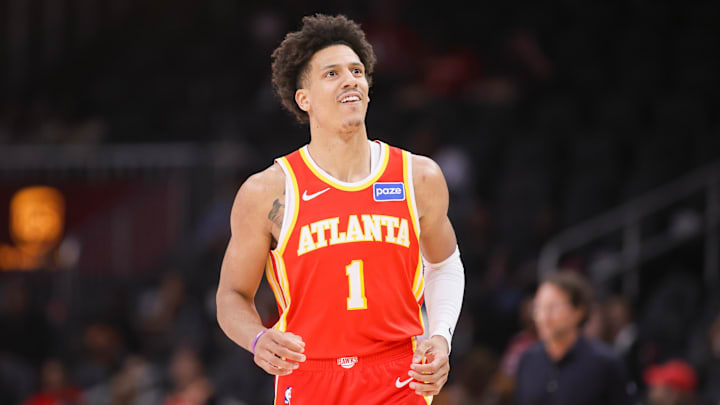 Mar 14, 2026; Atlanta, Georgia, USA; Atlanta Hawks forward Jalen Johnson (1). Mandatory Credit: Brett Davis-Imagn Images