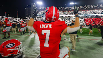 Nov 16, 2024; Athens, Georgia, USA; Georgia Bulldogs tight end Lawson Luckie (7) on the sideline against the Tennessee Volunteers in the fourth quarter at Sanford Stadium. Mandatory Credit: Brett Davis-Imagn Images