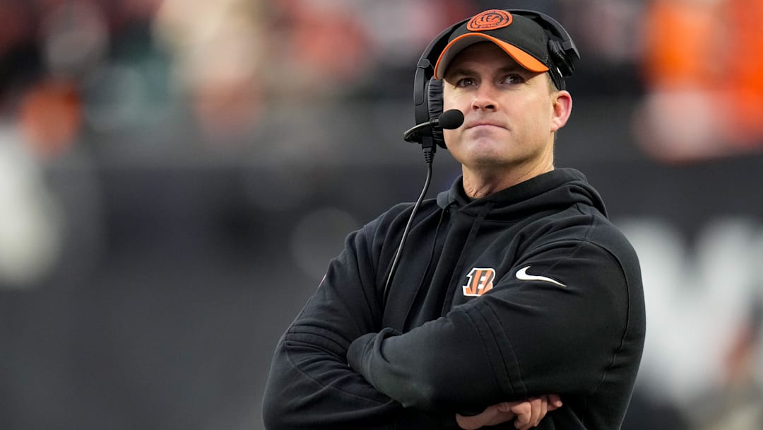 Cincinnati Bengals head coach Zac Taylor watches the video board in the fourth quarter of the NFL Week 18 game between the Cincinnati Bengals and the Cleveland Browns at Paycor Stadium in downtown Cincinnati on Sunday, Jan. 7, 2024.