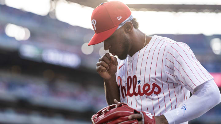 May 21, 2024; Philadelphia, Pennsylvania, USA; Philadelphia Phillies outfielder Johan Rojas (18) in a game against the Texas Rangers at Citizens Bank Park. Mandatory Credit: Bill Streicher-USA TODAY Sports