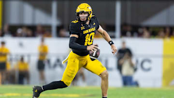 Oct 25, 2025; Tempe, Arizona, USA; Arizona State Sun Devils quarterback Sam Leavitt (10) against the Houston Cougars at Mountain America Stadium. Mandatory Credit: Mark J. Rebilas-Imagn Images