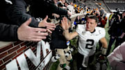 Vanderbilt quarterback Diego Pavia (2) celebrates with fans after the team’s win against Tennessee at Neyland Stadium in Knoxville, Tenn., Saturday, Nov. 29, 2025.