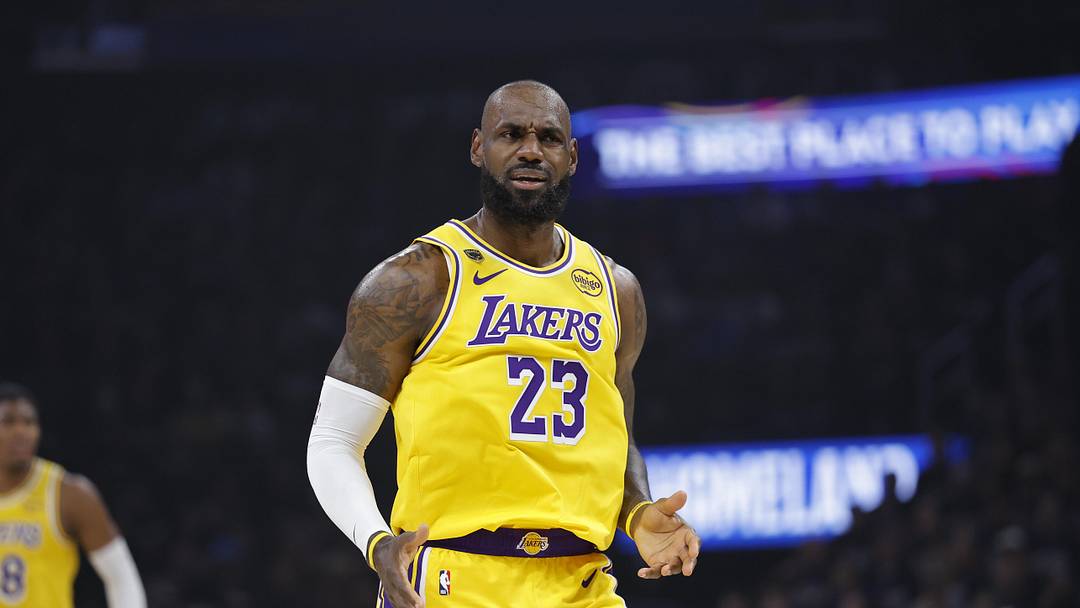 May 7, 2026; Oklahoma City, Oklahoma, USA; Los Angeles Lakers forward LeBron James (23) reacts after a play against the Oklahoma City Thunder in the first half during game two of the second round of the 2026 NBA Playoffs at Paycom Center. Mandatory Credit: Alonzo Adams-Imagn Images