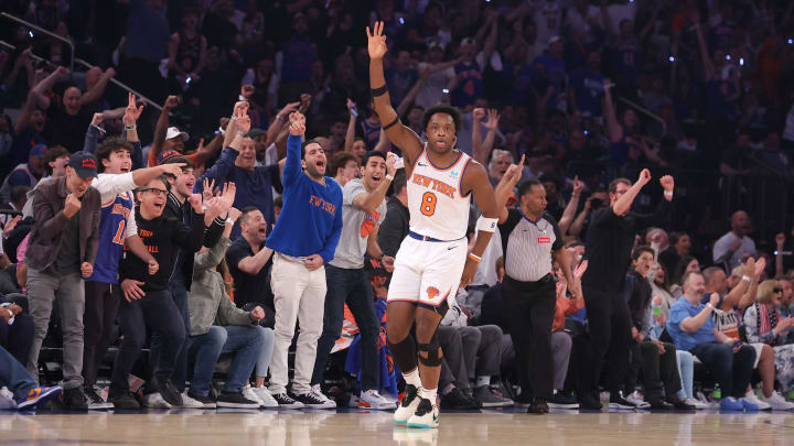 May 19, 2024; New York, New York, USA; New York Knicks forward OG Anunoby (8) celebrates his three point shot against the Indiana Pacers during the first quarter of game seven of the second round of the 2024 NBA playoffs at Madison Square Garden. Mandatory Credit: Brad Penner-USA TODAY Sports