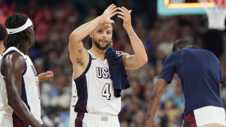 Jul 31, 2024; Villeneuve-d'Ascq, France; United States shooting guard Stephen Curry (4) celebrates after a win against South Sudan during the Paris 2024 Olympic Summer Games at Stade Pierre-Mauroy. Mandatory Credit: John David Mercer-USA TODAY Sports